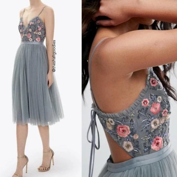 Needle & Thread Whisper Embroidered Tulle Midi Dress, Size 0 - Picture 3 of 12